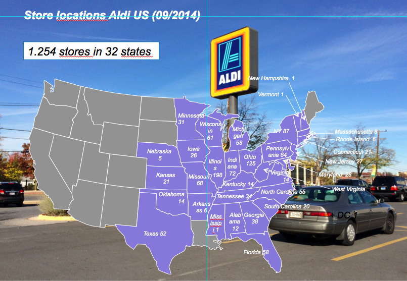 Map of the United States with Aldi stores