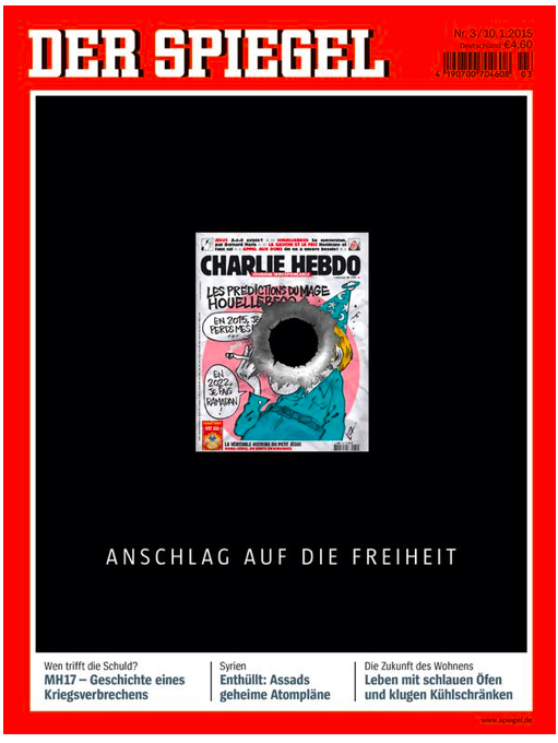 Une de couverture du magazine Der Spiegel après les attentats. Un Charlie Hebdo troué par une balle. Headline : La liberté attaquée.